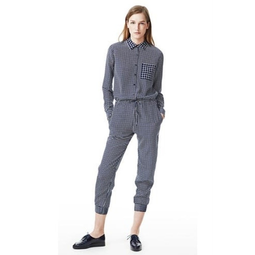 Theory Daranda 100% Silk Jumpsuit Navy White Windowpane Wide Leg Designer Sz 6